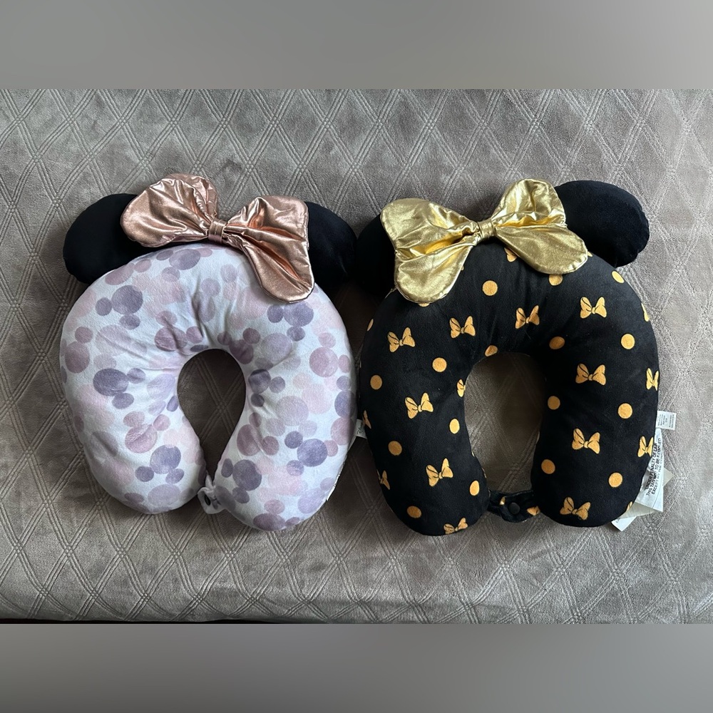 2- Kids Minnie-Style Travel Neck Pillow - Black &‎ Gold Bow/ Rose Gold Bow
